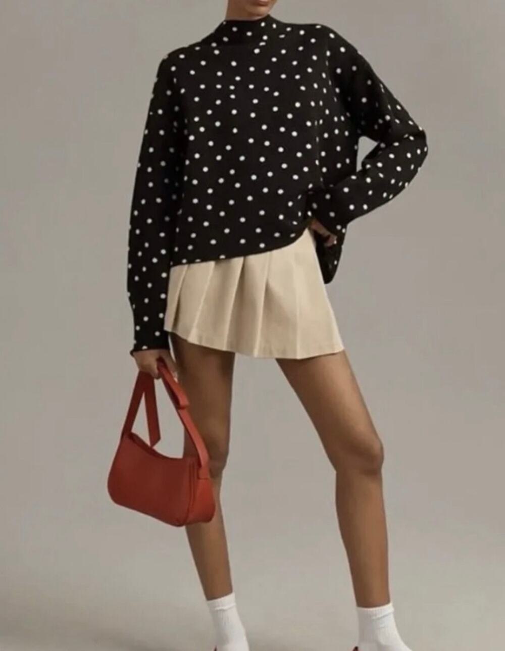 Anthropologie The Carys Mock-Neck Sweater by Maeve, Black/White Polka Dots Sz Sm